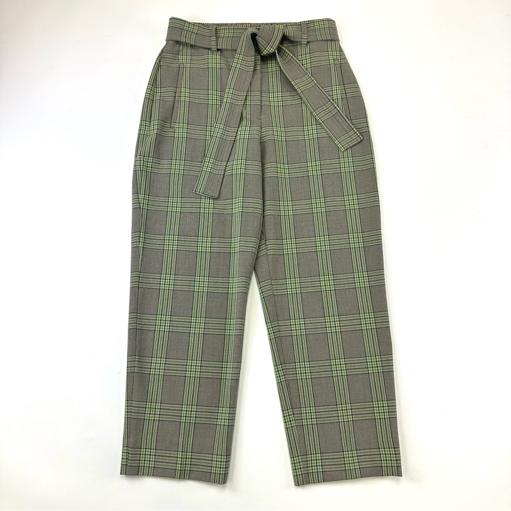Wilfred Aritzia Plaid Belted Pants Green Check Size 6 Tailored Modern Workwear